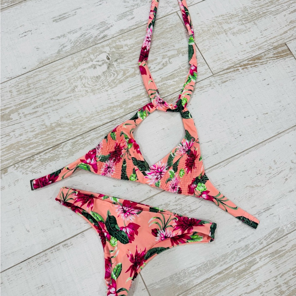 Tori Praver Peach Floral Bikini - Pink, Green